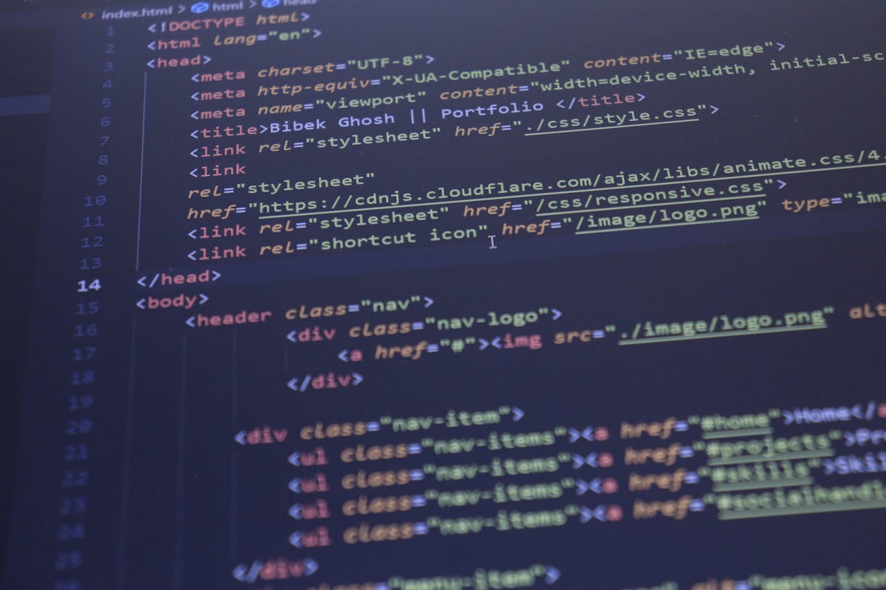 About Close-up view of HTML and CSS code displayed on a computer screen, ideal for programming and technology themes.